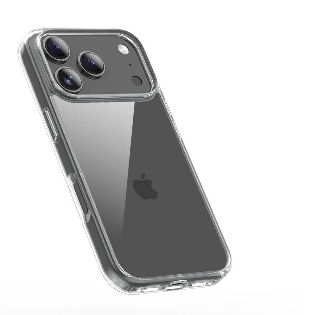 Transparente Smartphone-Hülle mit Apple iPhone mit dreifacher Kameraeinrichtung und schwarzer Farbe, die das Rückseiten-Design präsentiert.