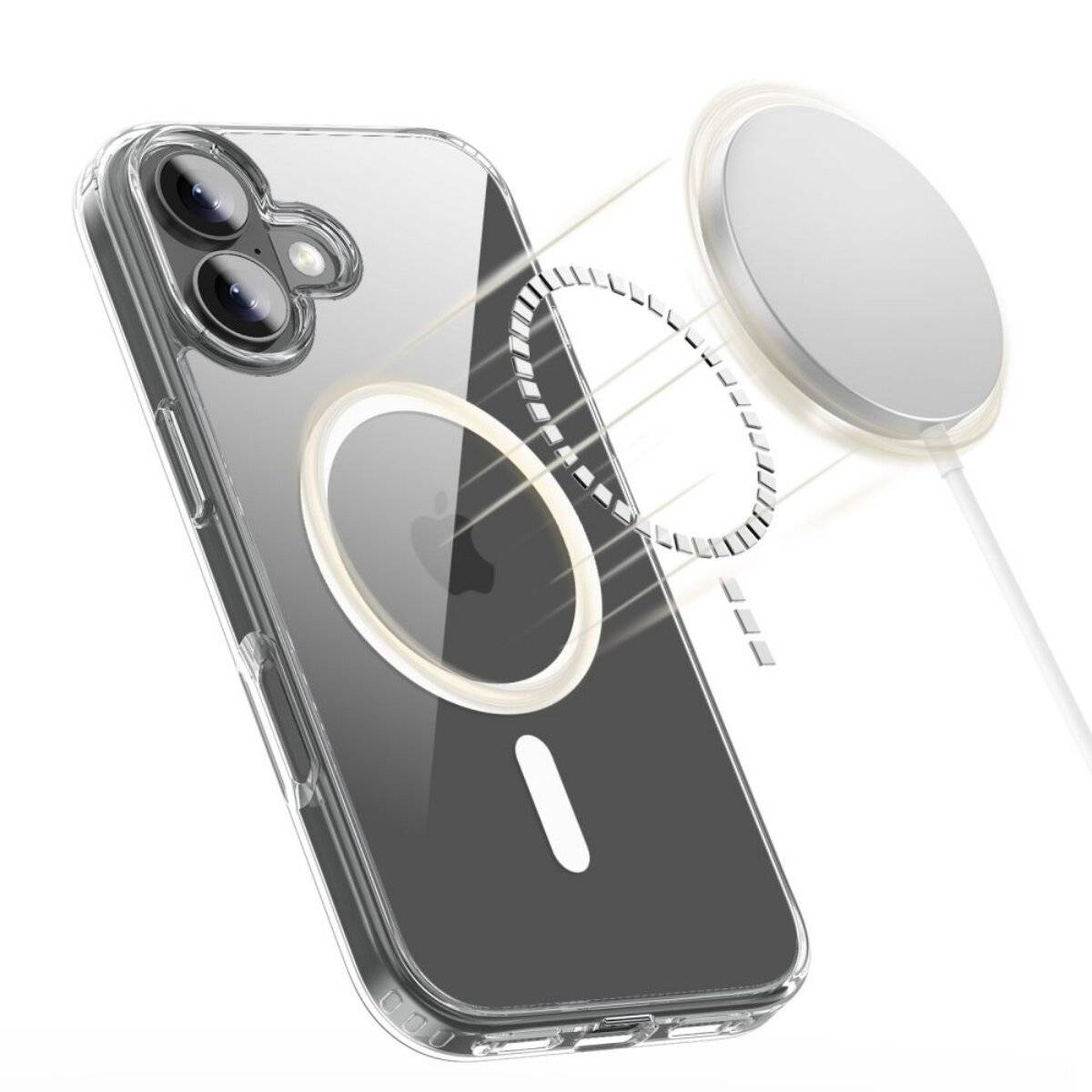 Drei Smartphone-Hüllen ausgestellt: eine transparente Hülle, eine schwarze Hülle mit kreisförmigem Design und eine weitere schwarze Hülle mit rechteckiger Kameraaussparung.