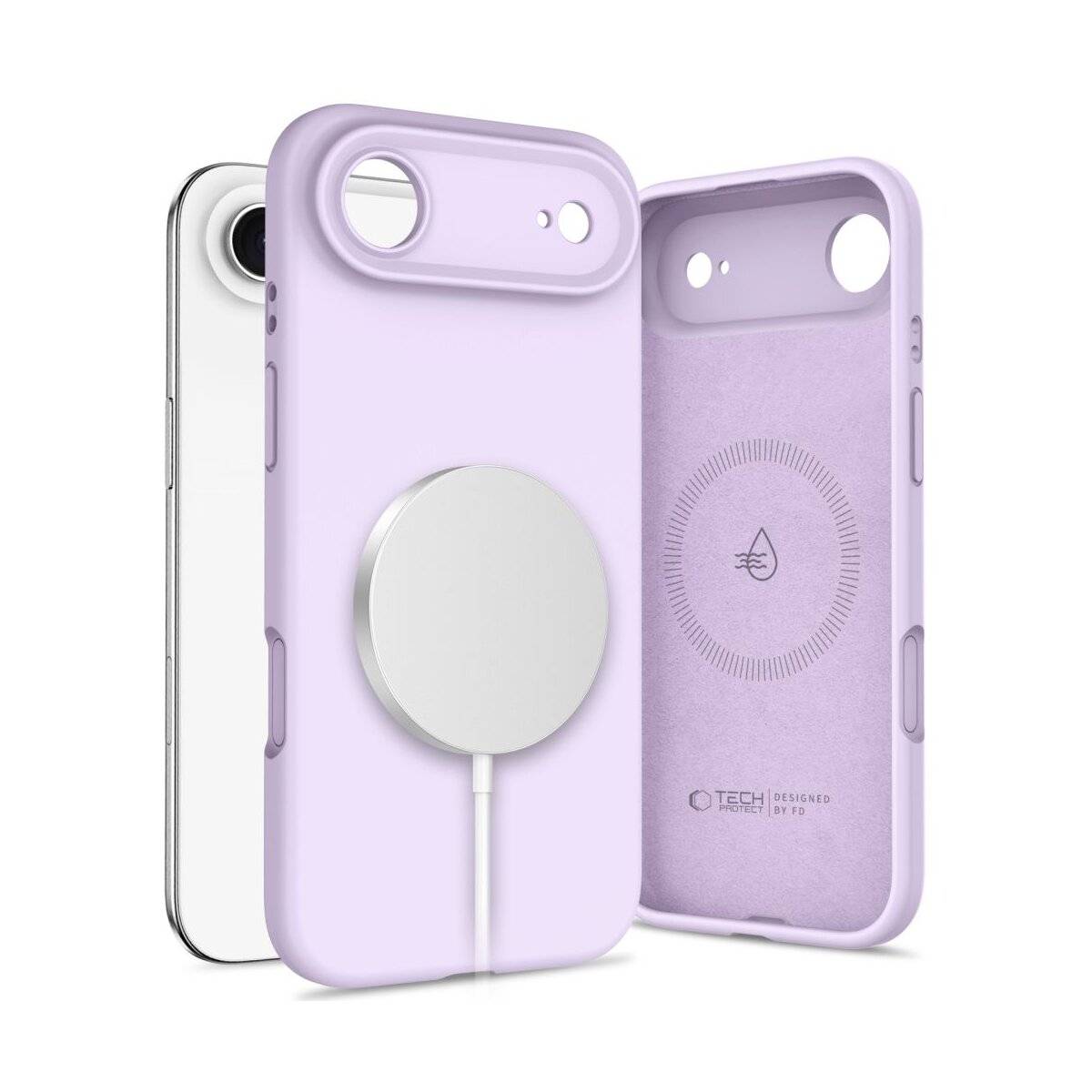 Drei Smartphone-Hüllen, eine violett mit einem kabellosen Ladegerät und einer inneren Ladefunktion-Grafik, und zwei weitere in Weiß und Violett.
