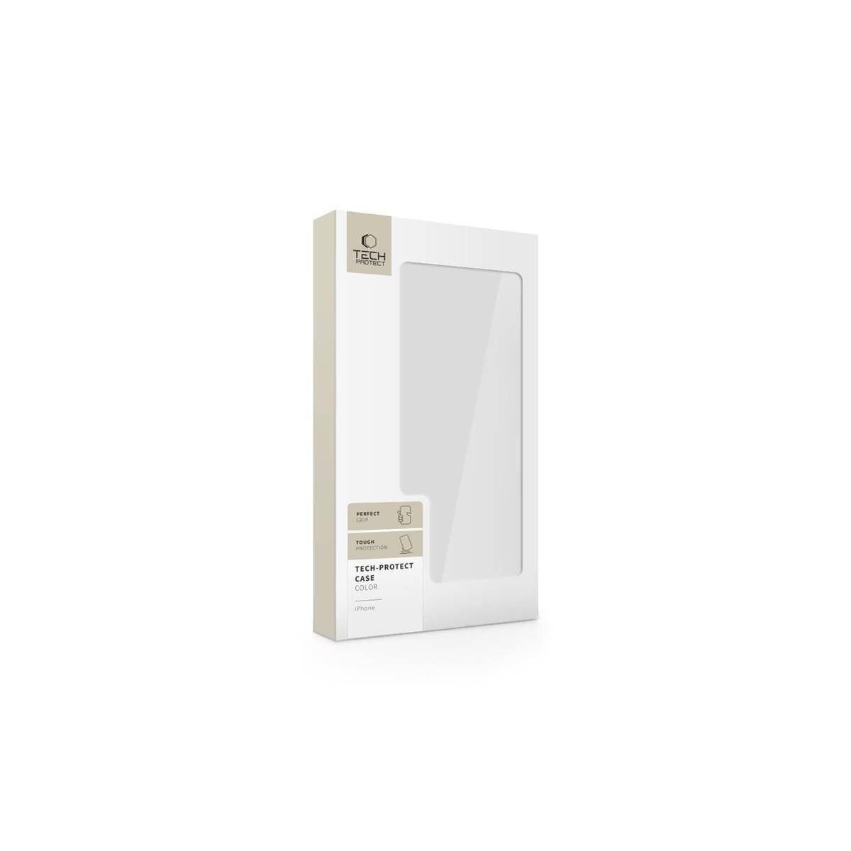 Telefonhülle-Verpackung mit transparenter Vorderseite, die die Hülle im Inneren zeigt. Mit der Bezeichnung „Tech Protect Case