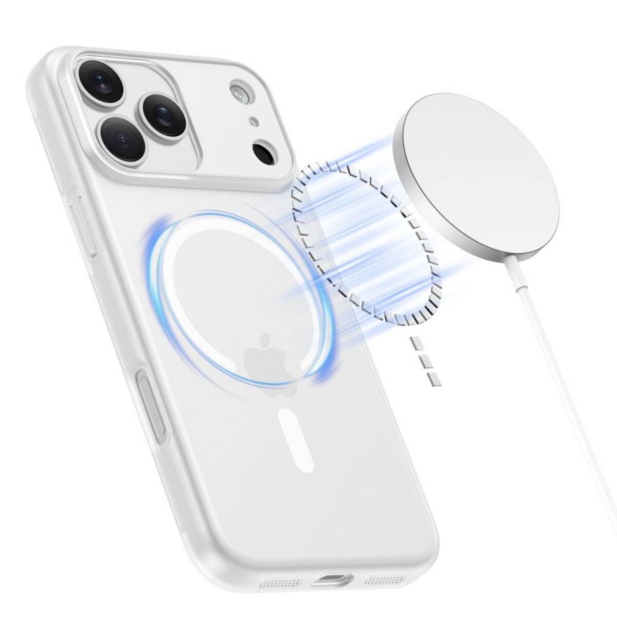 Ein weißes Smartphone und ein rundes magnetisches Ladegerät zeigen die Möglichkeit des kabellosen Ladens. Das Telefon hat drei Kameraobjektive auf der Rückseite.