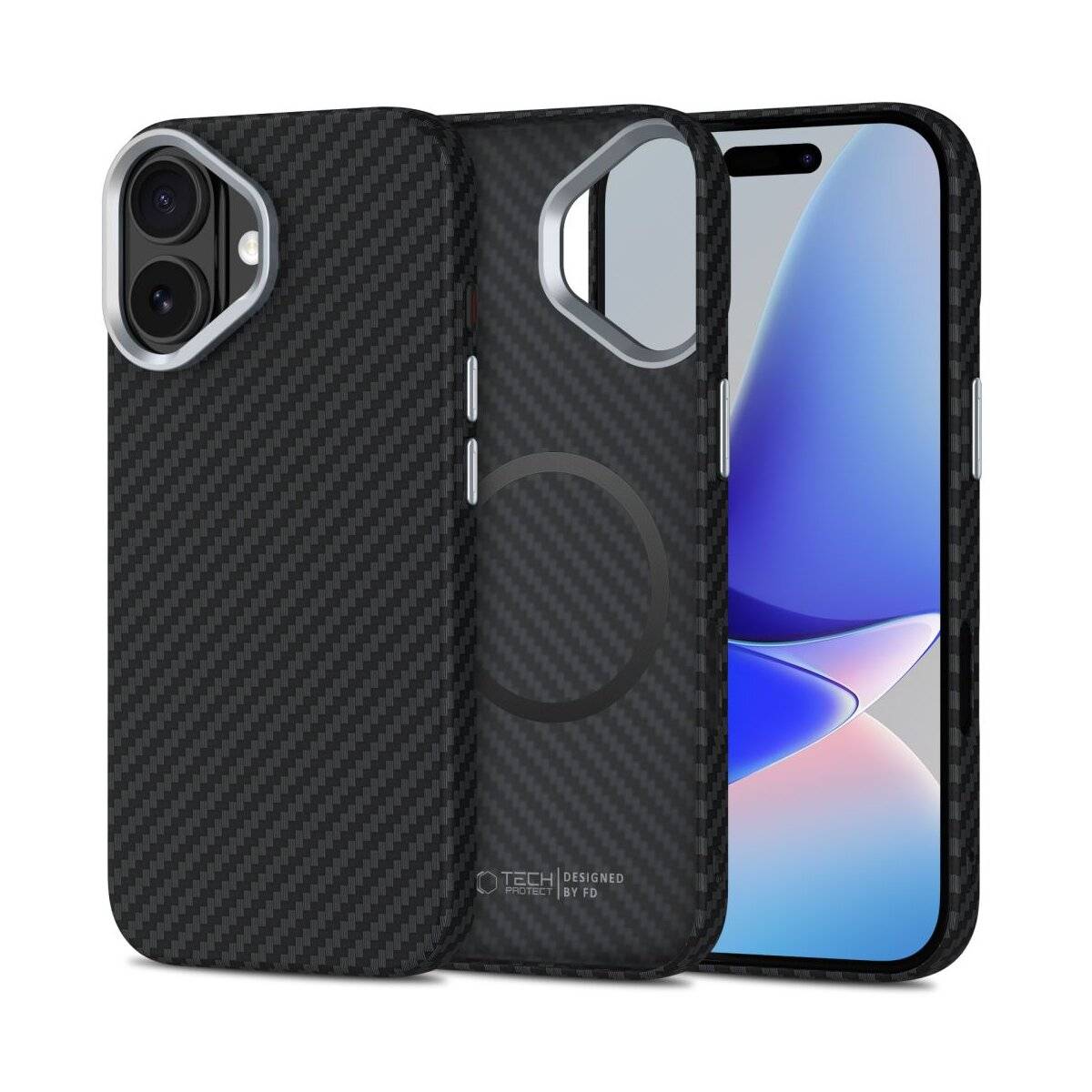 Ein Smartphone mit einer Kohlefaser-gemusterten Schutzhülle, die sowohl Vorder- als auch Rückseite zeigt. Der Telefonbildschirm zeigt ein abstraktes blau-rosa Design.