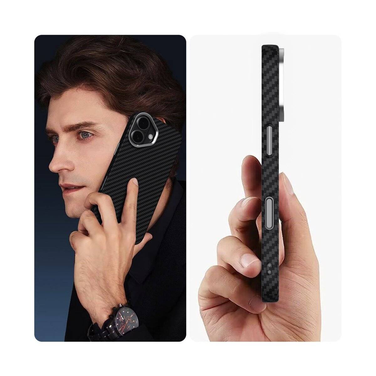 Ein Mann hält ein Smartphone mit einer schwarzen, strukturierten Schutzhülle an sein Ohr und trägt einen dunklen Anzug. Die Seitenansicht zeigt die Tasten des Telefons und die Dicke der Hülle.