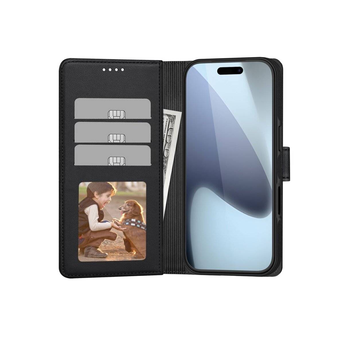 Eine Person hält ein Smartphone mit einer Schutzhülle, die auf der Rückseite einen leuchtenden Kreis zeigt. Die Hülle hat auch Steckplätze für Karten und ein Foto im Inneren.