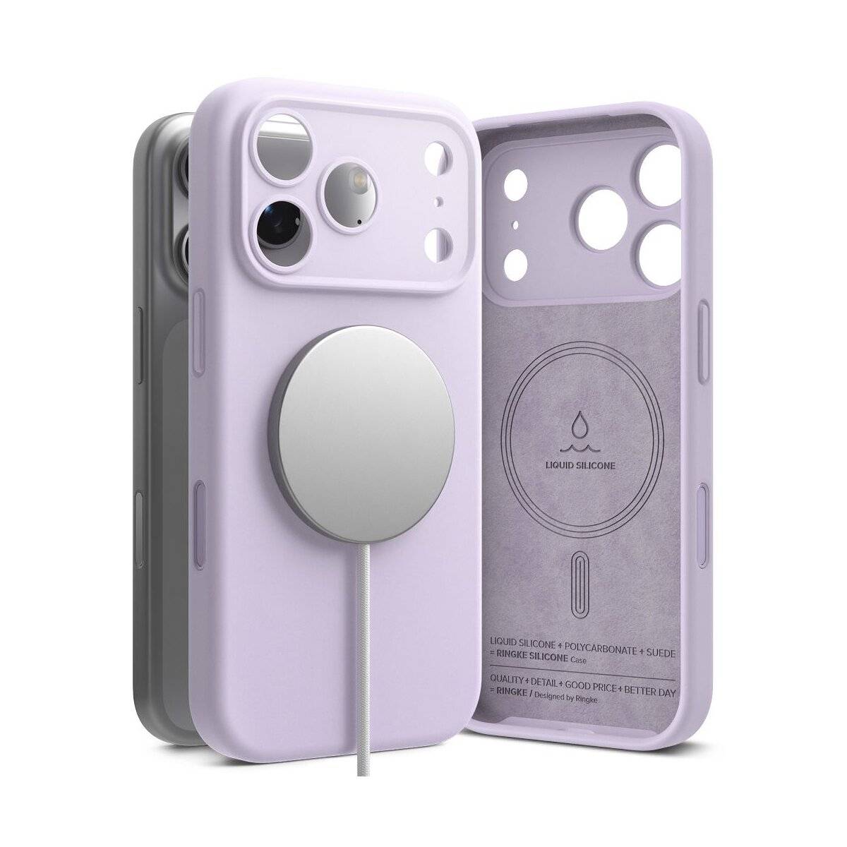 Eine violette und eine graue Handyhülle, die die MagSafe-Funktion für drahtlose Ladefähigkeit mit sichtbaren Magneten im Design hervorhebt.