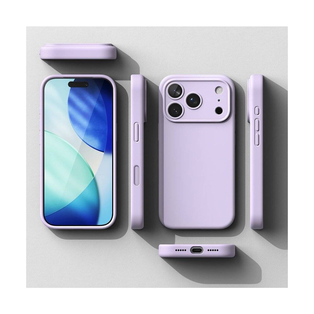 Lila Smartphone mit mehreren Ansichten, zeigt Vorderseite und rückseitige Kameraeinrichtung, hebt Design- und Technologiefunktionen hervor.