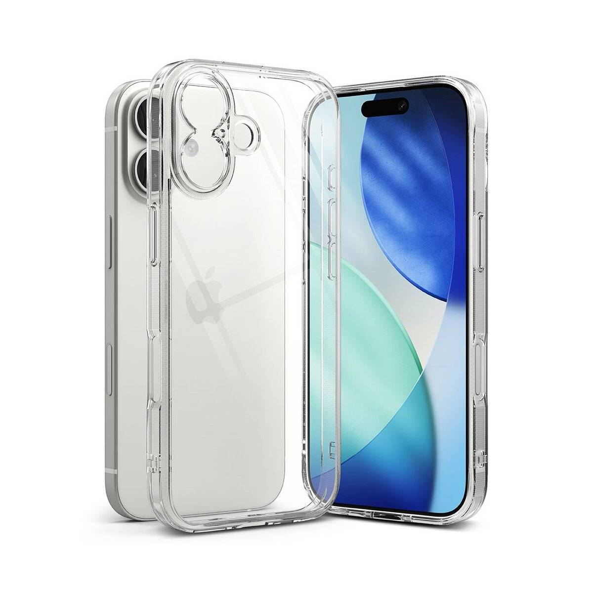 Ein Smartphone mit blauem und grünem abstraktem Bildschirm, in einer durchsichtigen Schutzhülle verpackt, mit dreifacher Kamera auf der Rückseite.