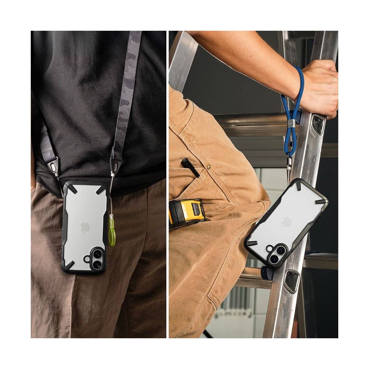 Ein schwarzes Handyhülle mit einem kreisförmigen MagSafe-kompatiblen Halter auf der Rückseite, der die magnetische Befestigung mit einem anderen Halter demonstriert.