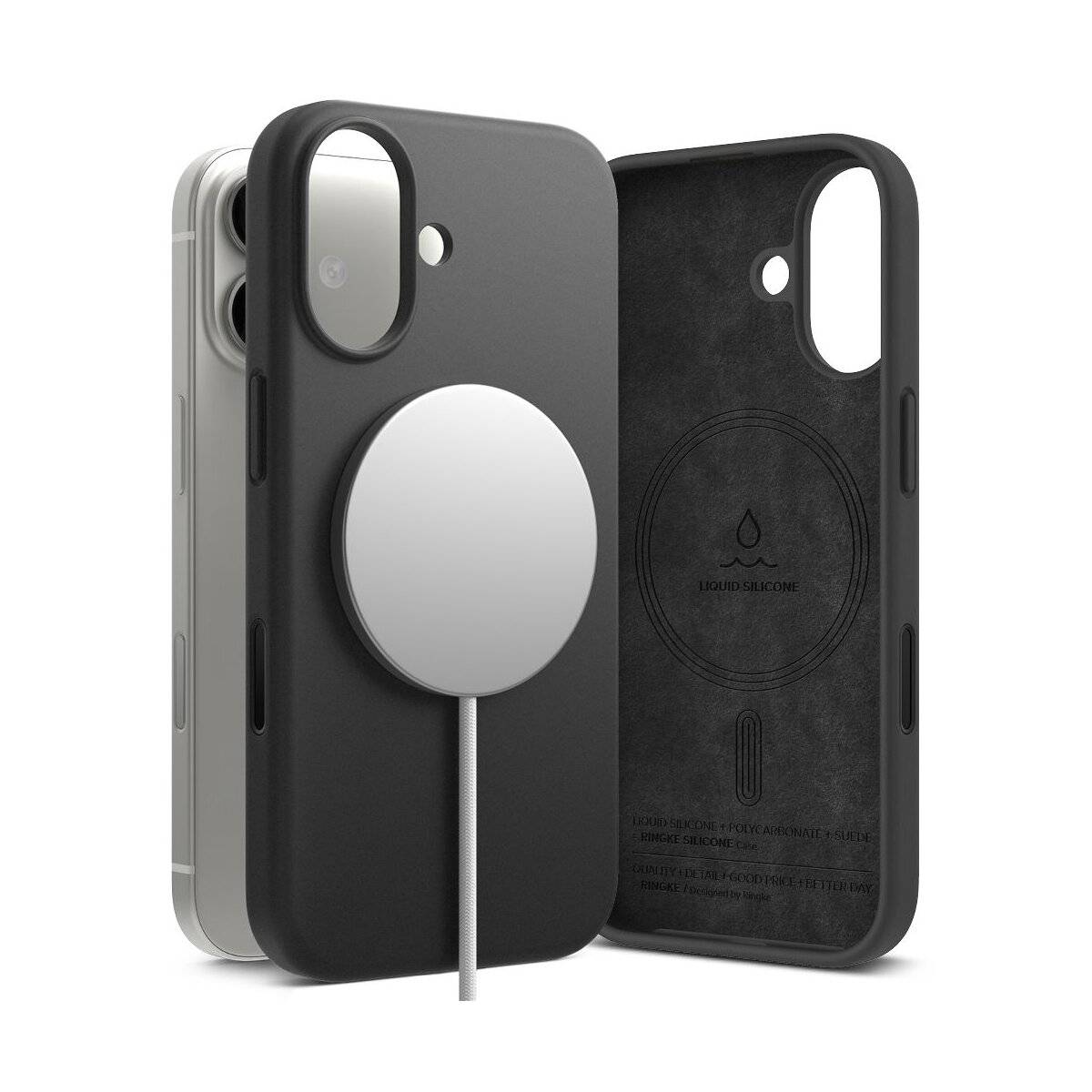 Ein magnetisches Handyhülle mit angebrachtem Ladegerät, das aufgestellt und geöffnet ist, um das Innere mit einem teilweise sichtbaren Telefon darin zu zeigen.
