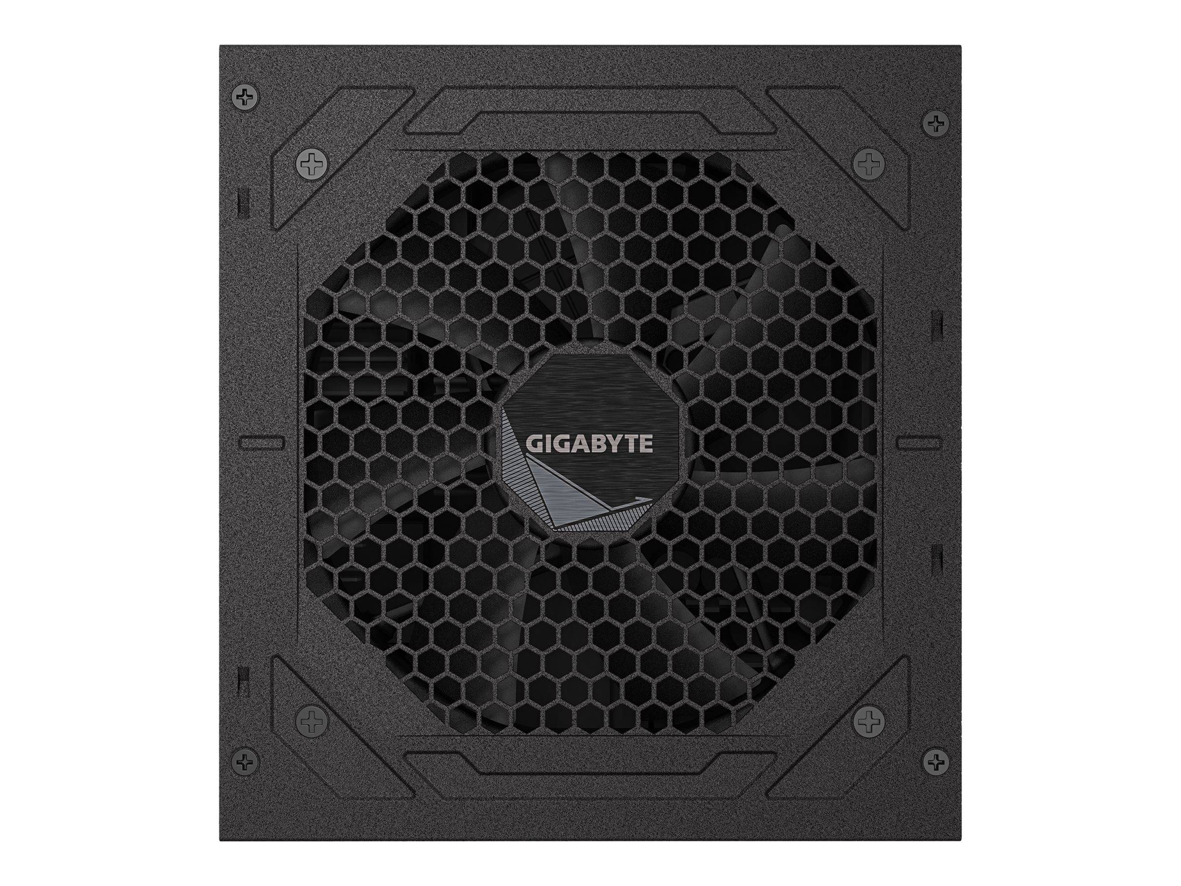 Nahaufnahme eines GIGABYTE-Computerkühllüfters mit sechseckigem Gitter und zentralem Logo auf einem schwarzen quadratischen Panel.