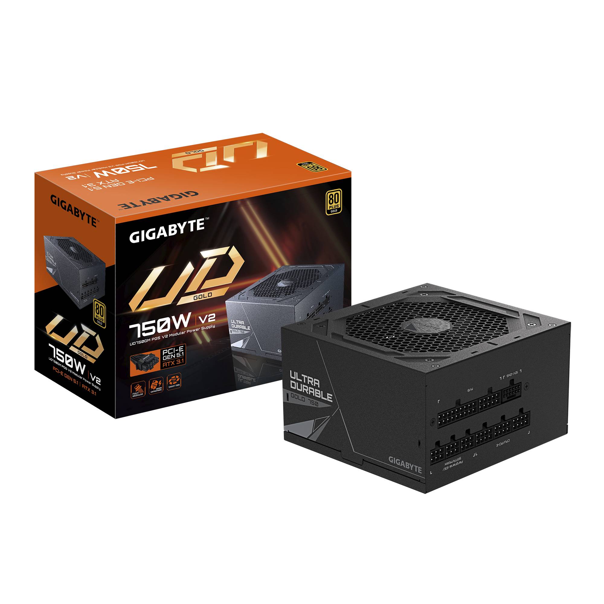Gigabyte UD Gold 750W v2 Stromversorgungseinheit für Computer mit Einzelhandelsverpackung und modulare Netzteileinheit auf schwarzem Hintergrund dargestellt.