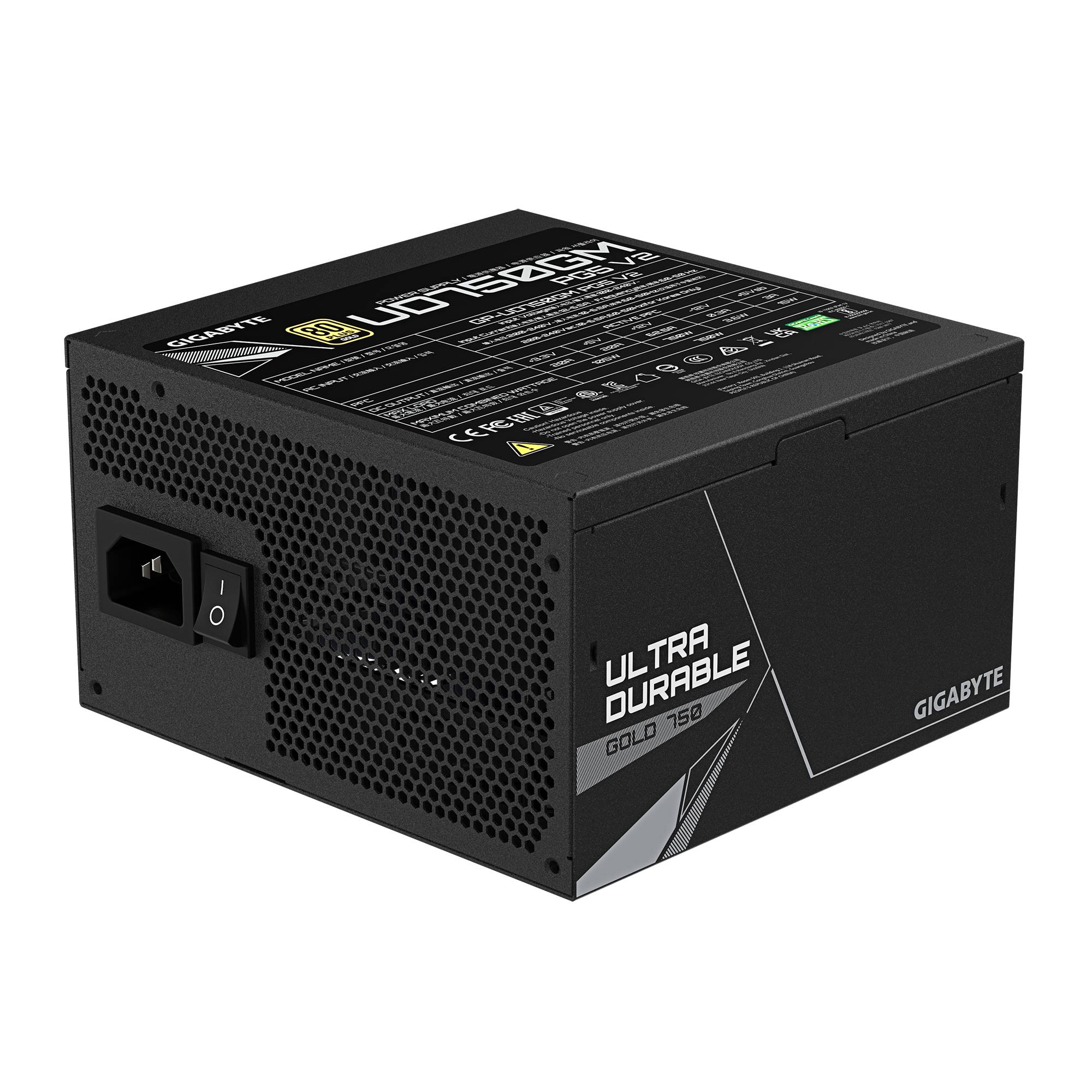 Schwarzes Gigabyte Ultra Durable Gold 750W Computer-Netzteil mit perforierten Seitenwänden und Stromschalter, vor schwarzem Hintergrund präsentiert.