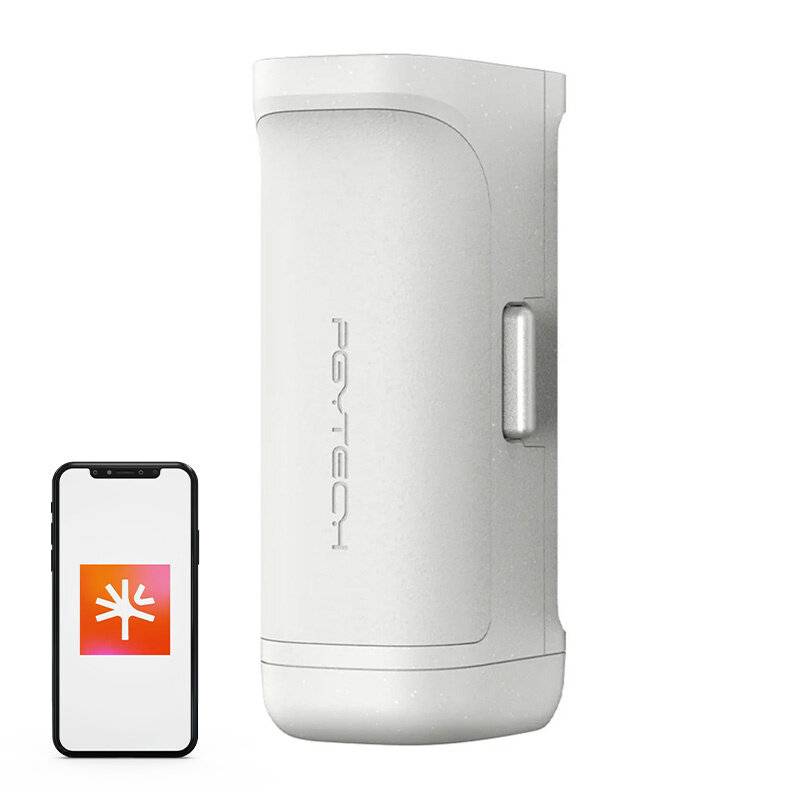 Ein kompaktes weißes Etui steht neben einem Smartphone, das ein Logo anzeigt. Das Etui dient wahrscheinlich als Schutz- oder Lagerzubehör.