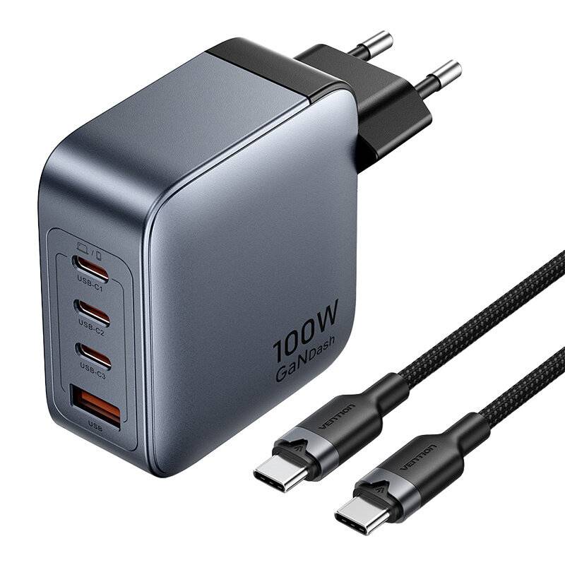 Vention Ladegerät 3x USB-C, 1x USB-A, (grau) mit USB-C auf USB-C Kabel (1m) (schwarz)