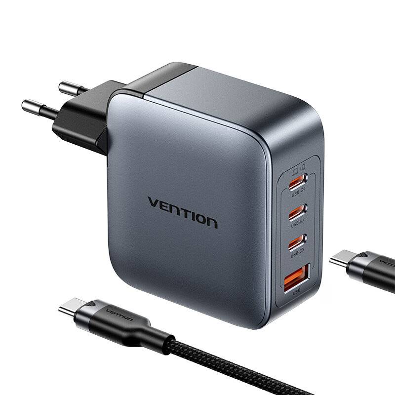 Vention Ladegerät 3x USB-C, 1x USB-A, (grau) mit USB-C auf USB-C Kabel (1m) (schwarz)