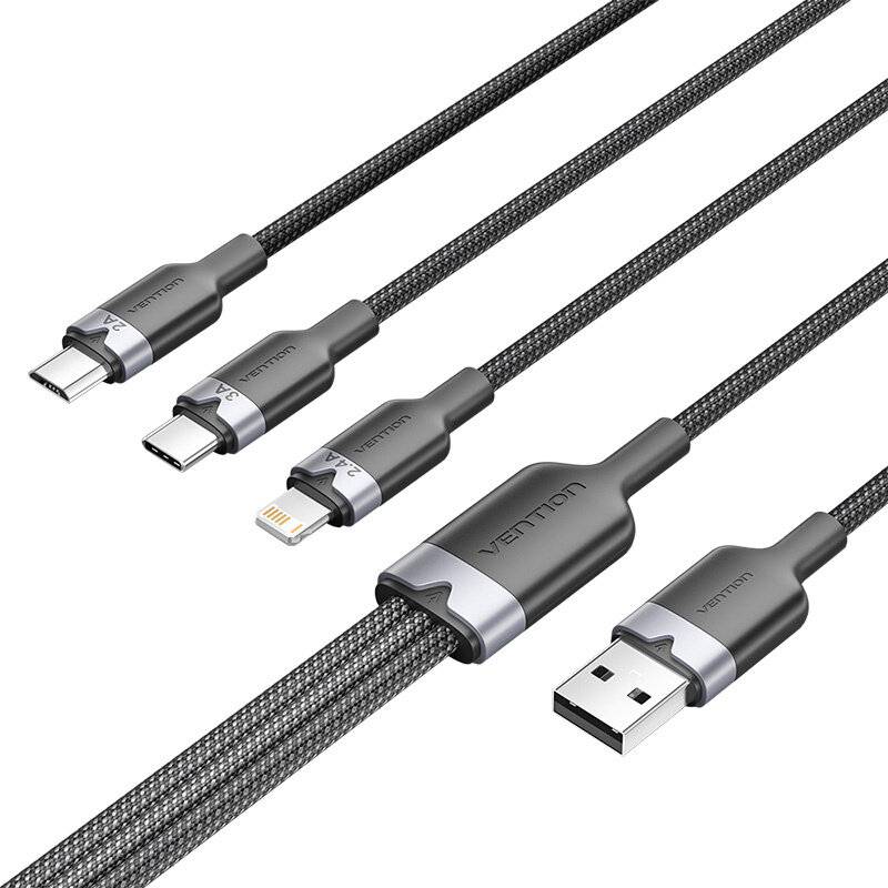 USB 2.0 A Stecker auf 3-in-1 USB-C, Lightning und Micro-B Stecker Kabel Vention 3A CTPBG 1.5m