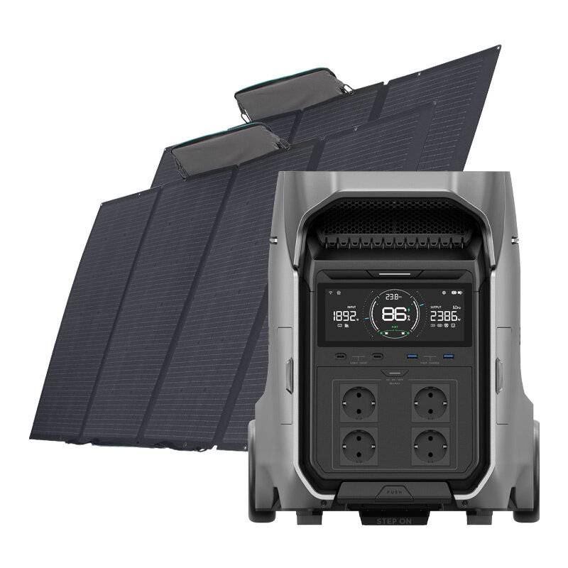 Satz: EcoFlow Delta Pro 3 Kraftwerk + 2x 400W Photovoltaik-Panel.