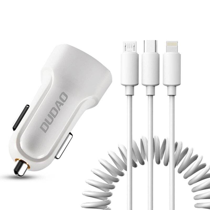 Dudao Car Kit Ladegerät 2x USB 2.4A + Kabel 3in1 Lightning / Type C Micro weiß R7