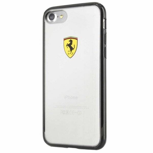 Eine transparente Smartphone-Hülle mit dem Ferrari-Logo auf der Rückseite und schwarzen Kanten für ein elegantes und stilvolles Aussehen.