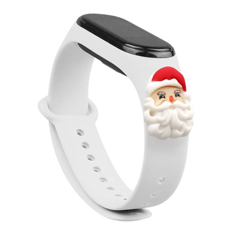 Ein weißes intelligentes Armband mit digitalem Display zeigt eine kleine Weihnachtsmanngesicht-Dekoration auf dem Band.