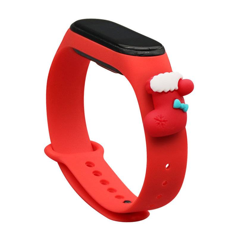 Ein roter Fitness-Tracker mit verstellbarem Armband, ausgestattet mit einem kleinen dekorativen roten Winterhut mit weißem Rand und einer blauen Schleife.