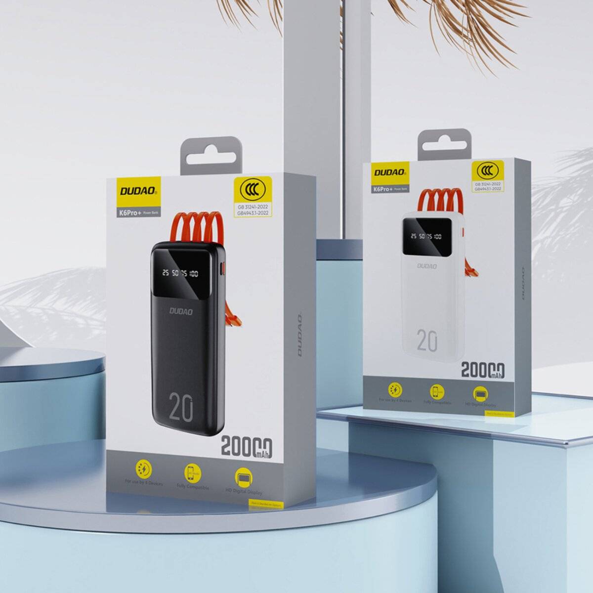 Dudao K6Pro+ Powerbank 20000 mAh, mit 3 integrierten Kabeln (USB-C, Micro-USB, kompatibel mit iPhone), 2x USB, Weiß