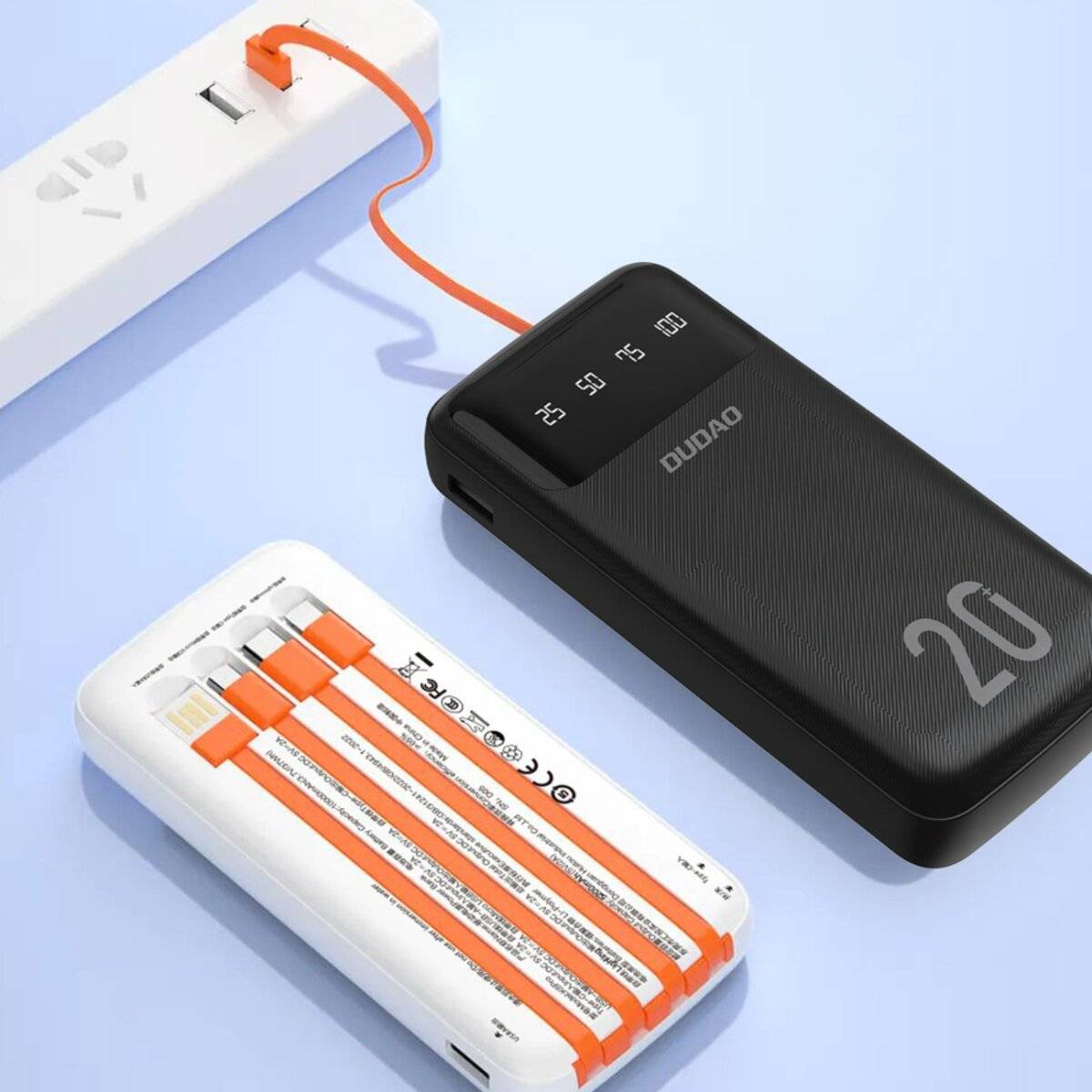 Dudao geräumige Powerbank 3 eingebauten Kabeln 20000mAh USB Typ C + Micro Lightning weiß K6Pro