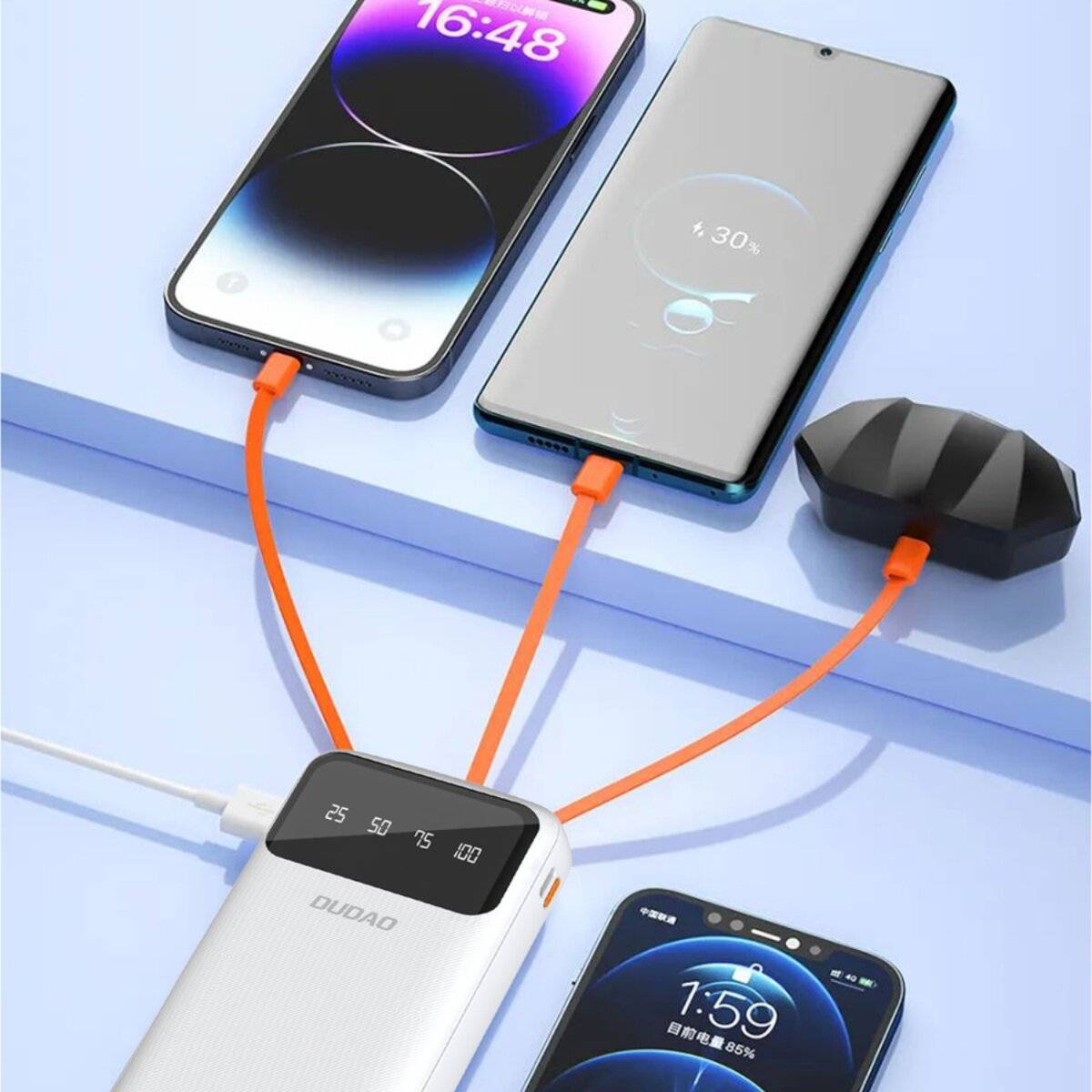 Dudao geräumige Powerbank 3 eingebauten Kabeln 20000mAh USB Typ C + Micro Lightning weiß K6Pro