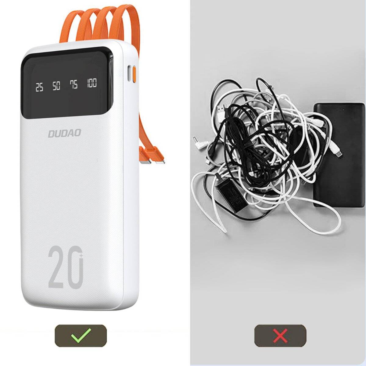 Dudao geräumige Powerbank 3 eingebauten Kabeln 20000mAh USB Typ C + Micro Lightning weiß K6Pro