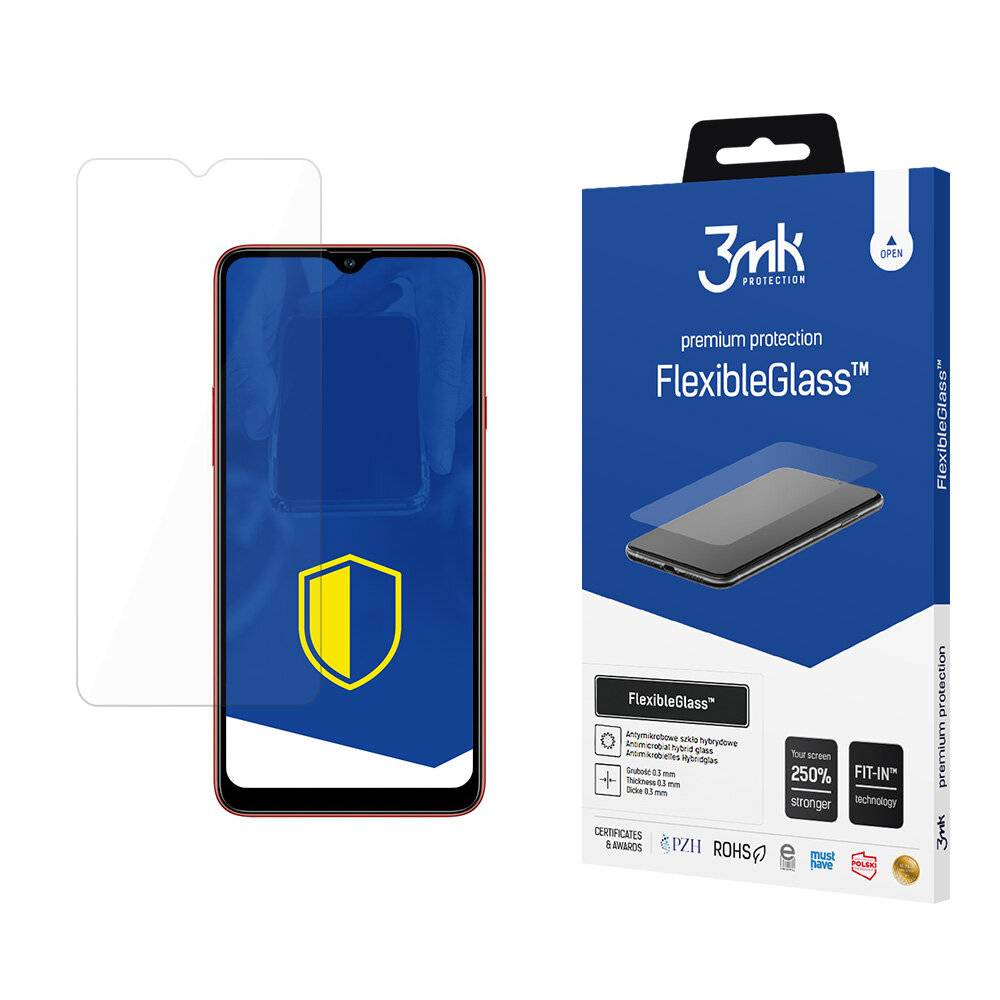 3mk Protection FlexibleGlass' Displayschutzfolie mit Schildsymbol auf einem Smartphone-Bildschirm, das Premium-Handyschutz veranschaulicht.