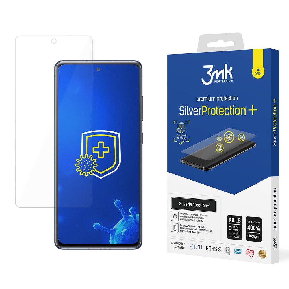 Ein Smartphone-Bildschirm mit einem Schildsymbol befindet sich neben einer 3mk Silver Protection+ Displayschutzfolie-Verpackung, die Schutzfunktionen hervorhebt.