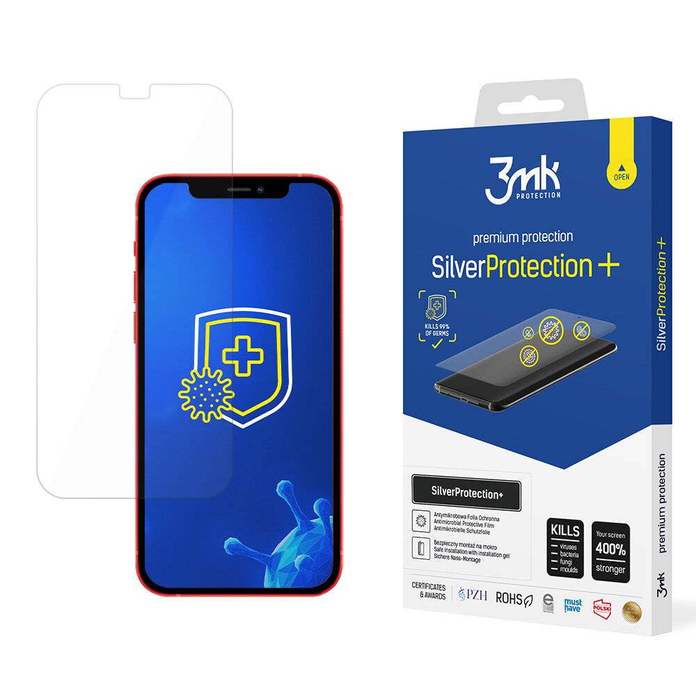 Ein Smartphone mit einer Schutzfolie neben einer Schachtel mit der Aufschrift „3mk SilverProtection+