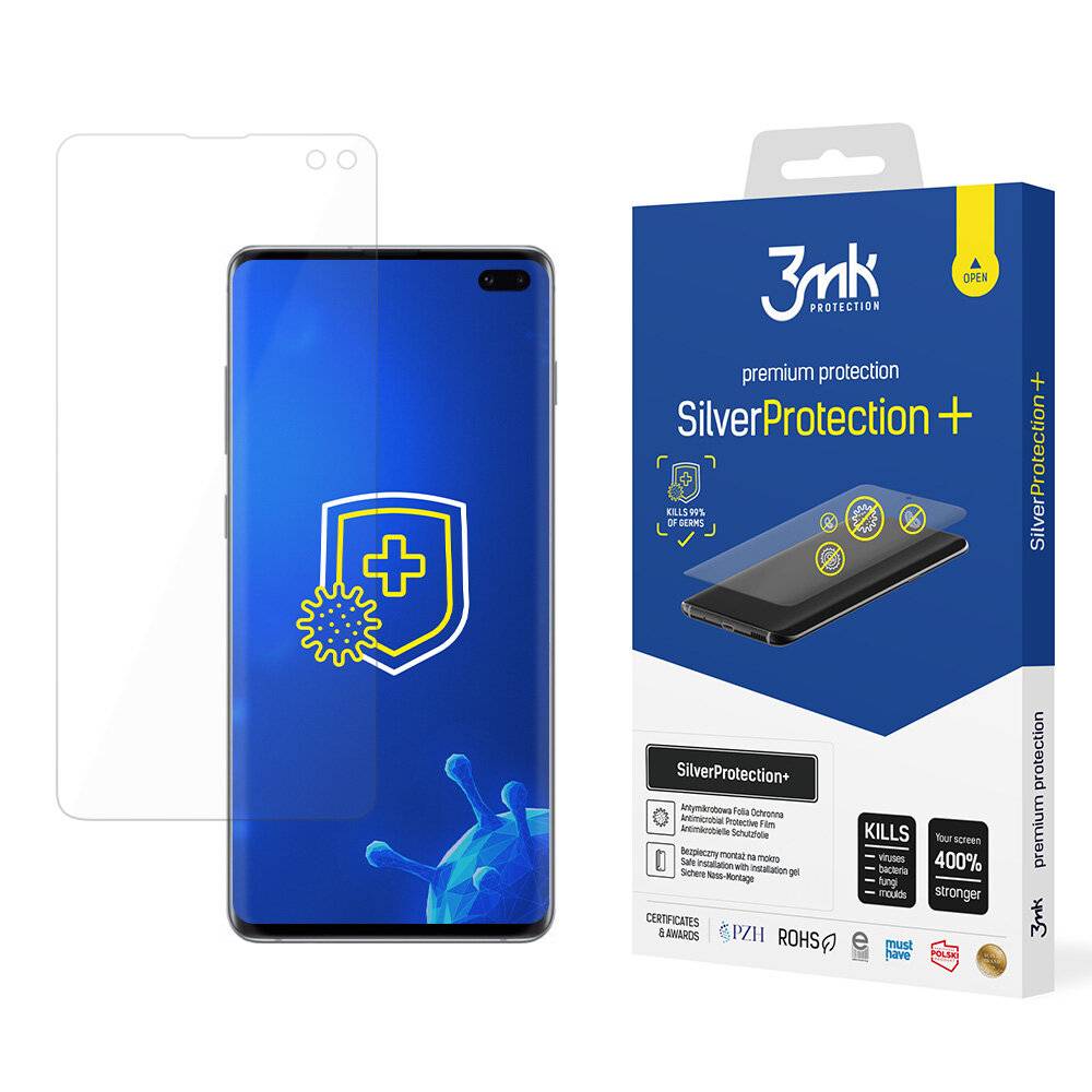 3mk SilverProtection+' Verpackung neben einem Telefon mit blauem Bildschirm und Schildsymbol. Der Text hebt den Schutz vor Keimen und Kratzern hervor.