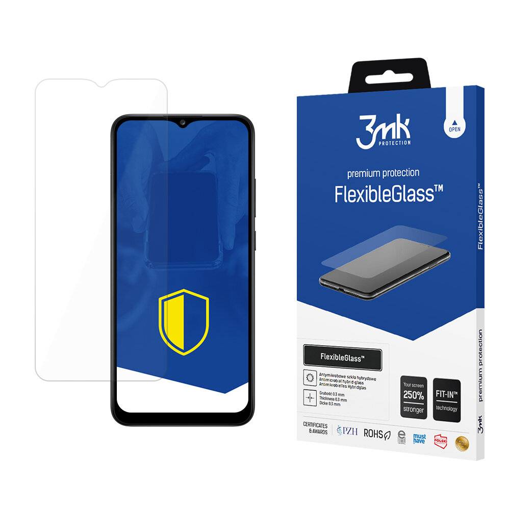 Ein Smartphone mit einer Displayschutzfolie neben einer Verpackung mit der Aufschrift „3mk Protection FlexibleGlass