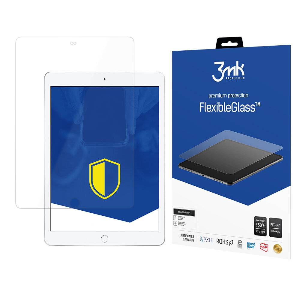 Die Verpackung einer Tablet-Displayschutzfolie zeigt ein Bild des Schutzes auf einem Tablet mit einem Schildsymbol und hebt den 