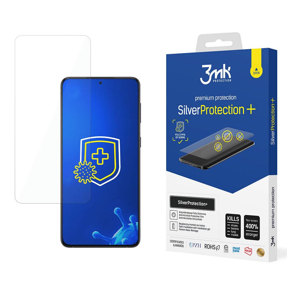 3mk SilverProtection+ Displayschutzfolie Verpackung neben einem Smartphone mit Schildsymbol auf dem Bildschirm, das Schutz anzeigt.