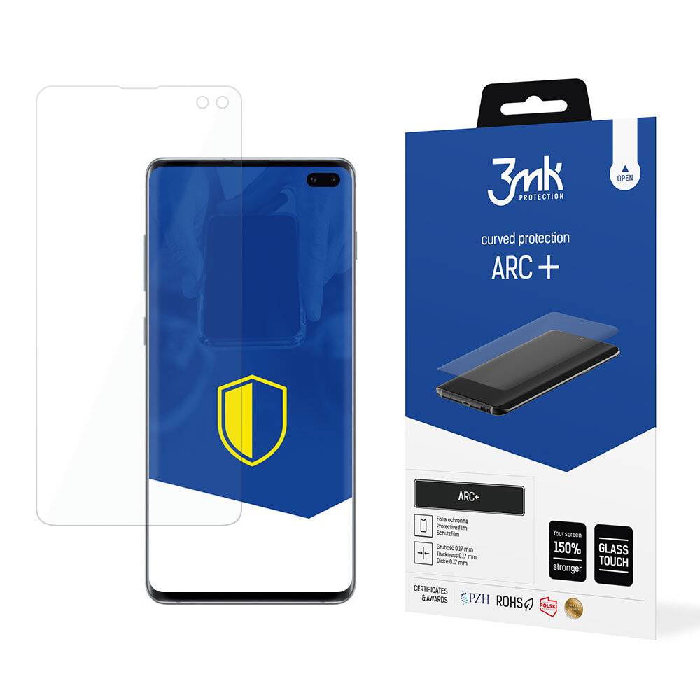 Ein Smartphone mit einer Displayschutzfolie, die neben seiner Verpackung angezeigt wird. Die Verpackung hebt „ARC+