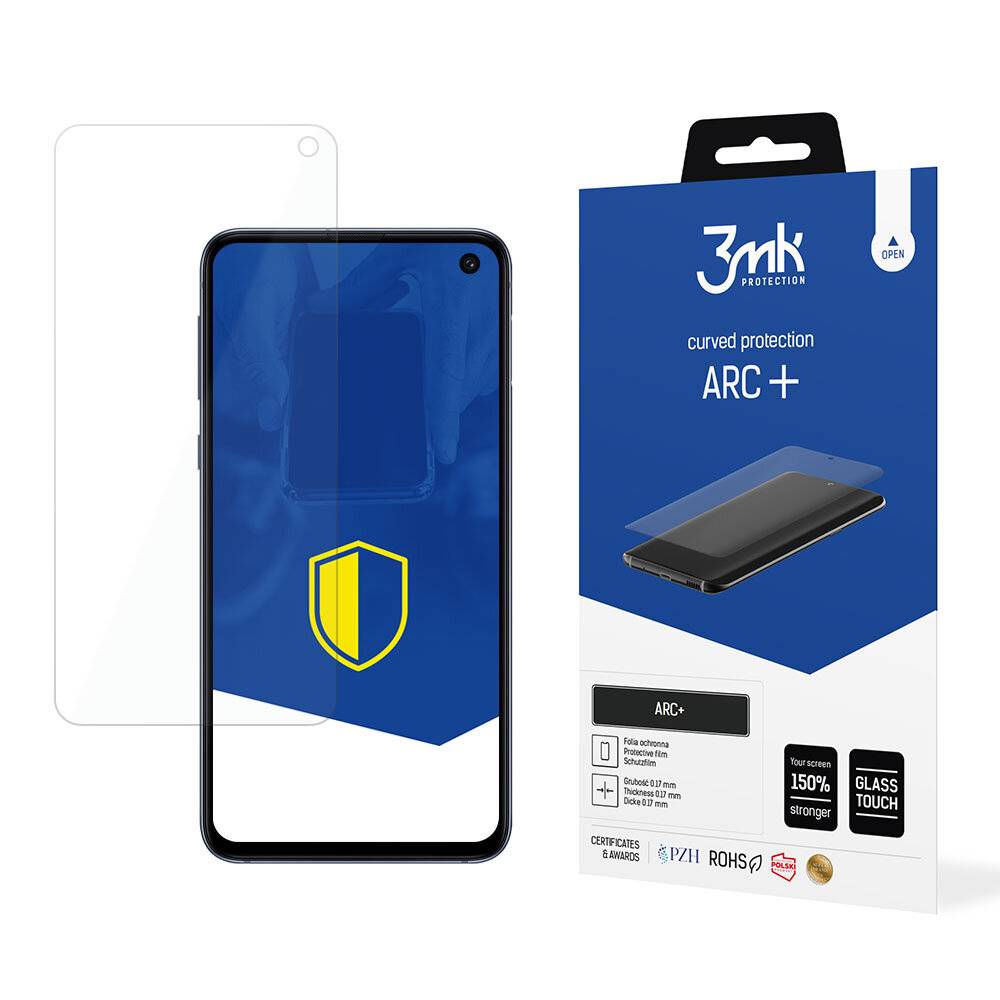 Ein Smartphone mit angebrachtem Displayschutz liegt neben seiner Verpackung mit der Bezeichnung „3mk Protection ARC+