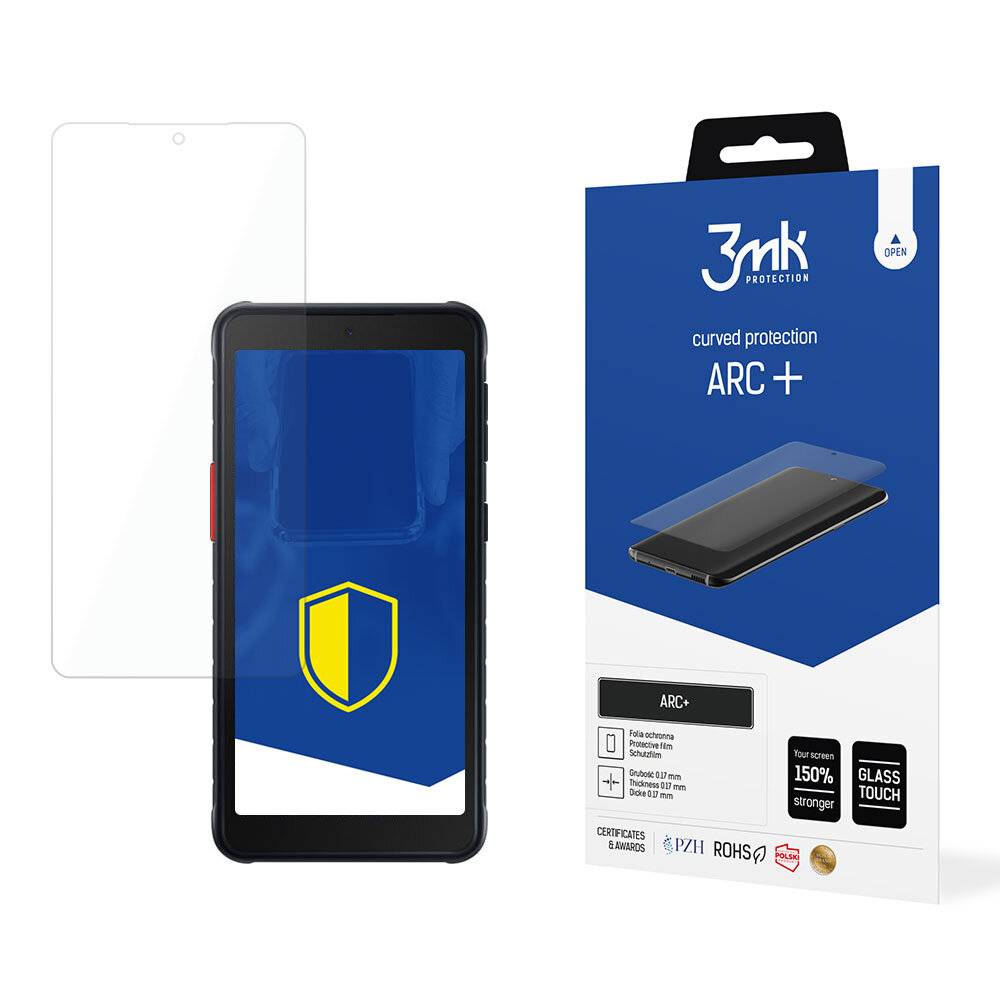 Smartphone-Display mit einem Schild-Symbol, das Schutz anzeigt. Daneben eine Verpackung einer 3mk Protection Arc+ Displayschutzfolie mit gebogener Oberfläche.