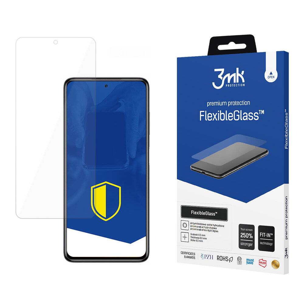 FlexibleGlass-Displayschutzfolie Verpackung und Produkt für Smartphones, mit einer transparenten Schicht mit gelbem Schildsymbol auf einem Telefonbildschirm.