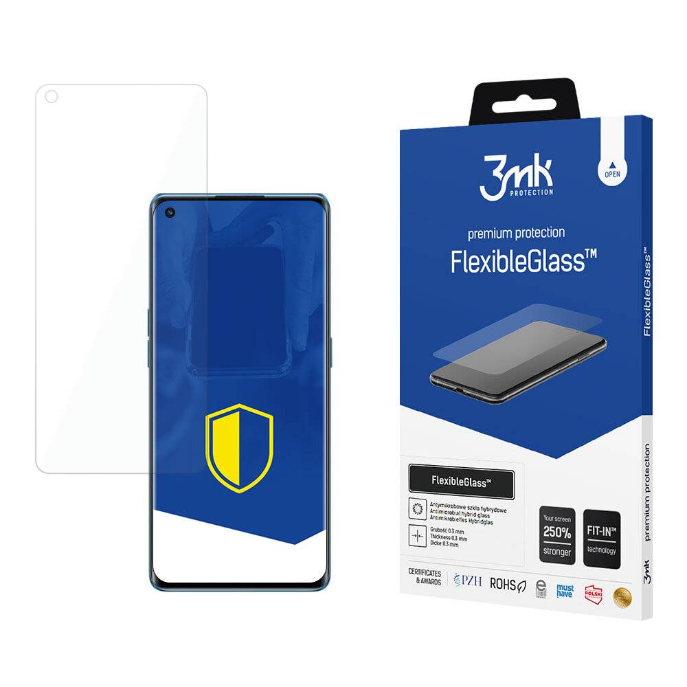 Das Bild zeigt ein Smartphone mit einer Displayschutzfolie, die teilweise sein Display bedeckt. Daneben befindet sich die Produktverpackung mit dem Label „FlexibleGlass™