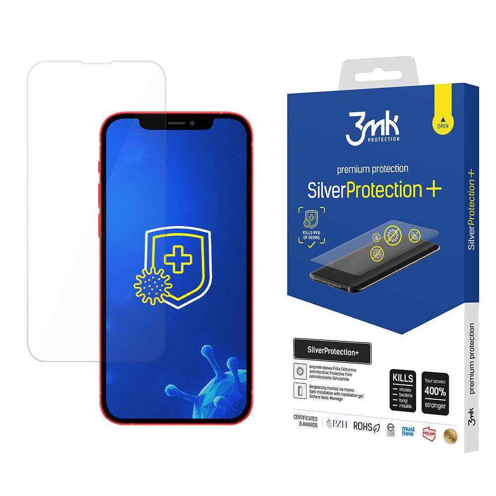 Ein Smartphone mit einer transparenten Displayschutzfolie neben einer Schachtel mit der Aufschrift „SilverProtection+