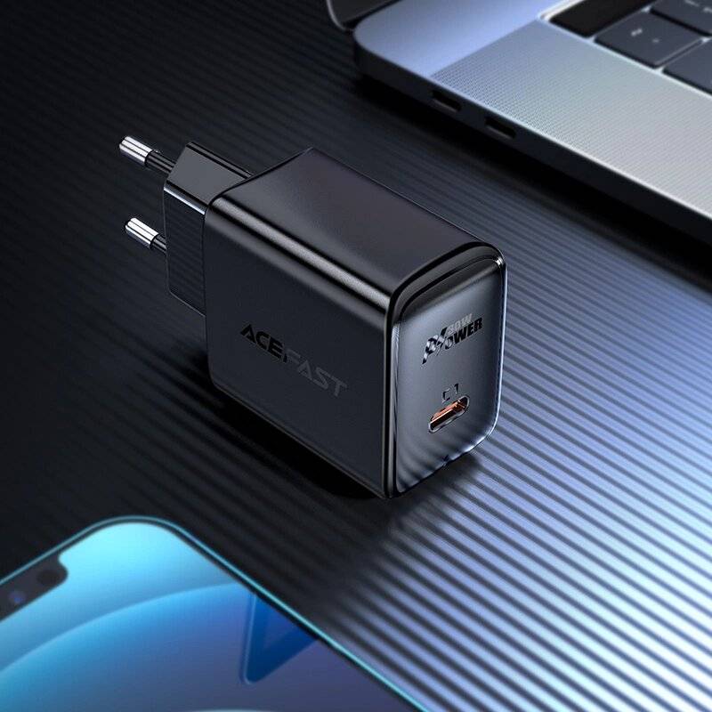 Acefast GaN USB Typ C Wandladegerät 30 W, PD, QC 3.0, AFC, FCP schwarz A21