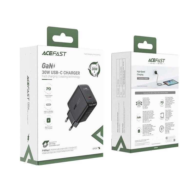 Acefast GaN USB Typ C Wandladegerät 30 W, PD, QC 3.0, AFC, FCP schwarz A21