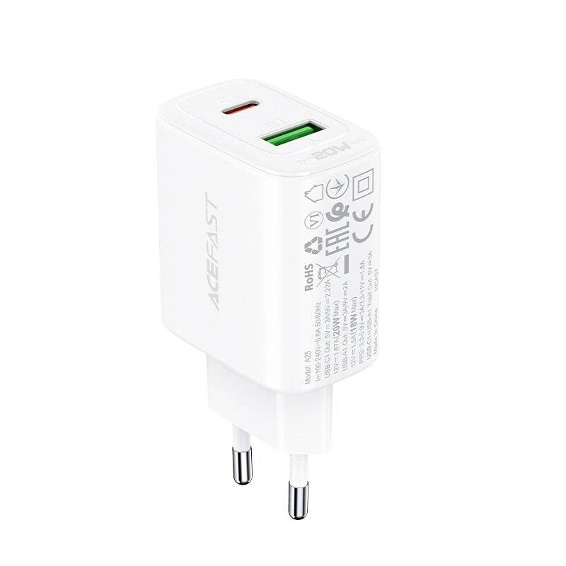 Acefast Wandladegerät USB Typ C / 20W, PPS, PD, QC 3.0, AFC, FCP weiß A25