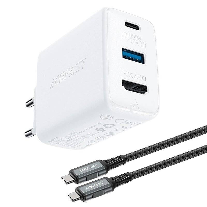 Acefast 2in1 Ladegerät GaN 65W USB Typ C / USB, Adapter HDMI 4K @ 60Hz Set Kabel weiß A17