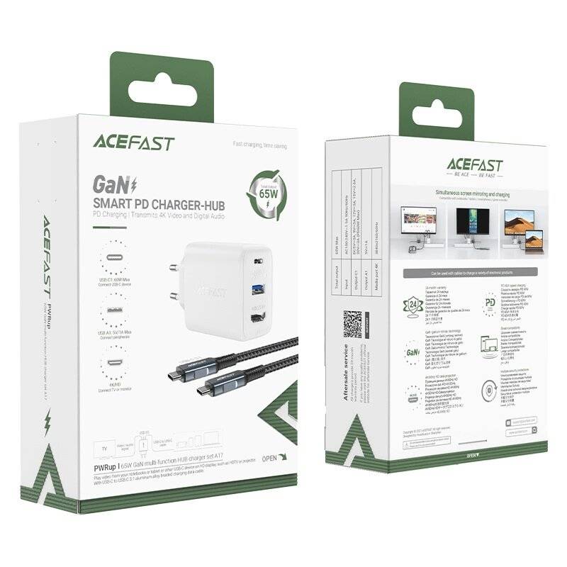 Acefast 2in1 Ladegerät GaN 65W USB Typ C / USB, Adapter HDMI 4K @ 60Hz Set Kabel weiß A17