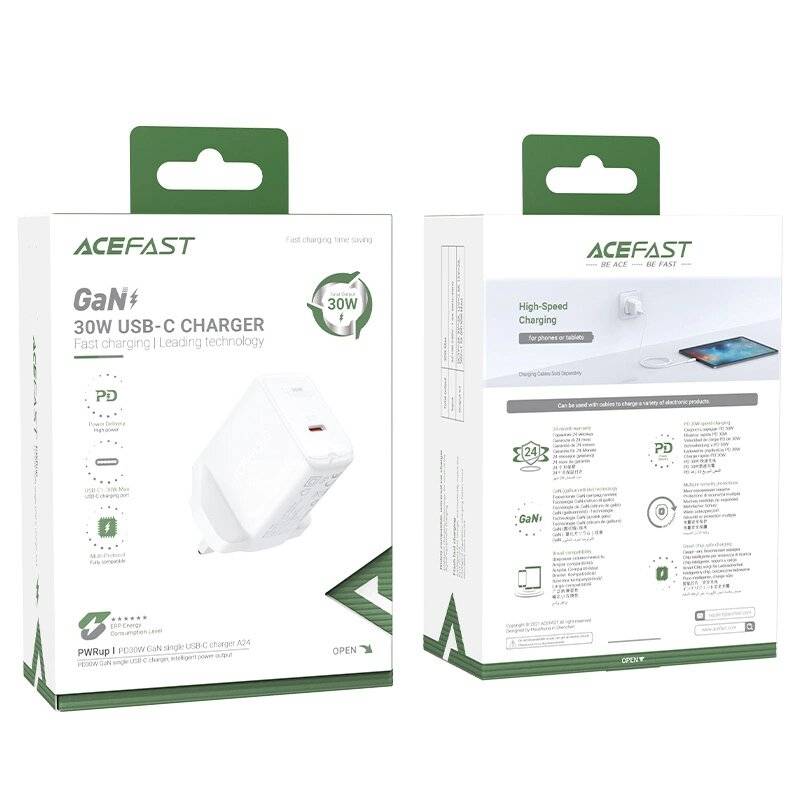 Acefast GaN-Wandladegerät UK-Stecker USB Typ C 30 W, Power Delivery, PPS, Q3 3.0, AFC, FCP weiß
