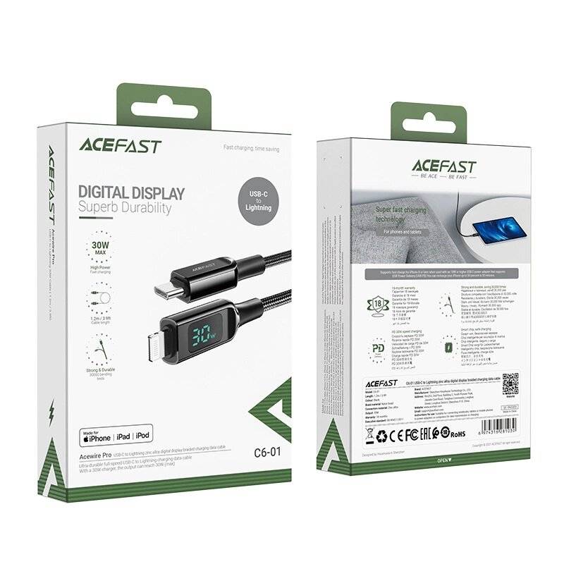 Acefast Kabel MFI USB Typ C - Lightning 1,2m, 30W, 3A schwarz C6-01
