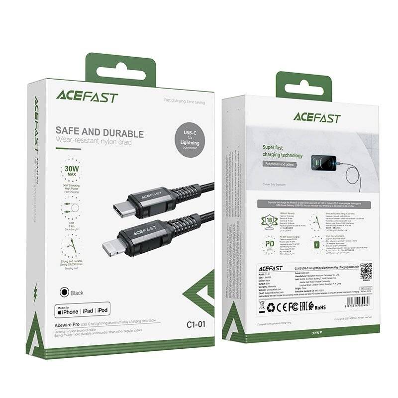 Acefast C1-01 Lightning – USB-C MFi PD-Kabel 30 W 3 A 480 Mbit/s 1,2 m Schwarz